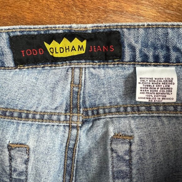 Todd Oldham Jeans 7x33 Blue Flare Leg Bell Bottom Mid Rise Denim 90s Y2K Hippie - Picture 8 of 15